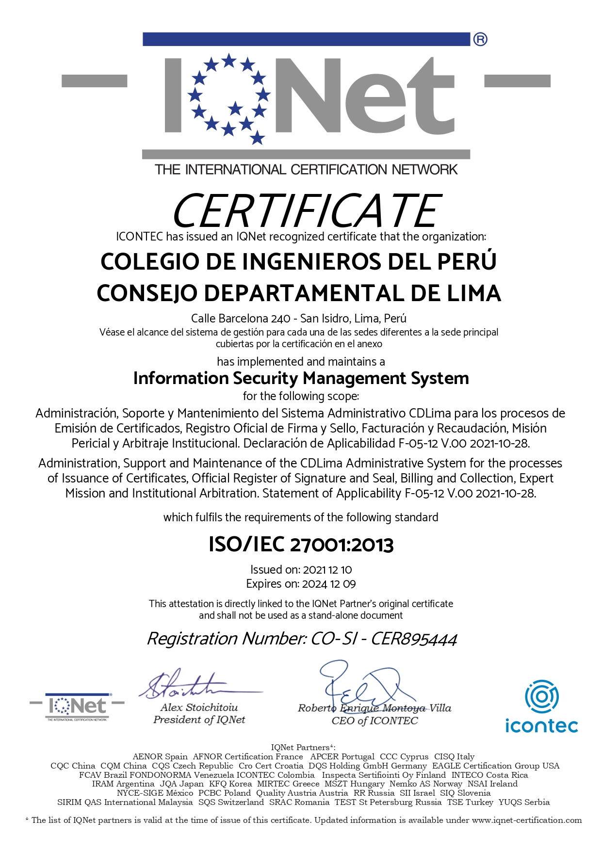 Certificado ISO 27001 Consejo Departamental De Lima