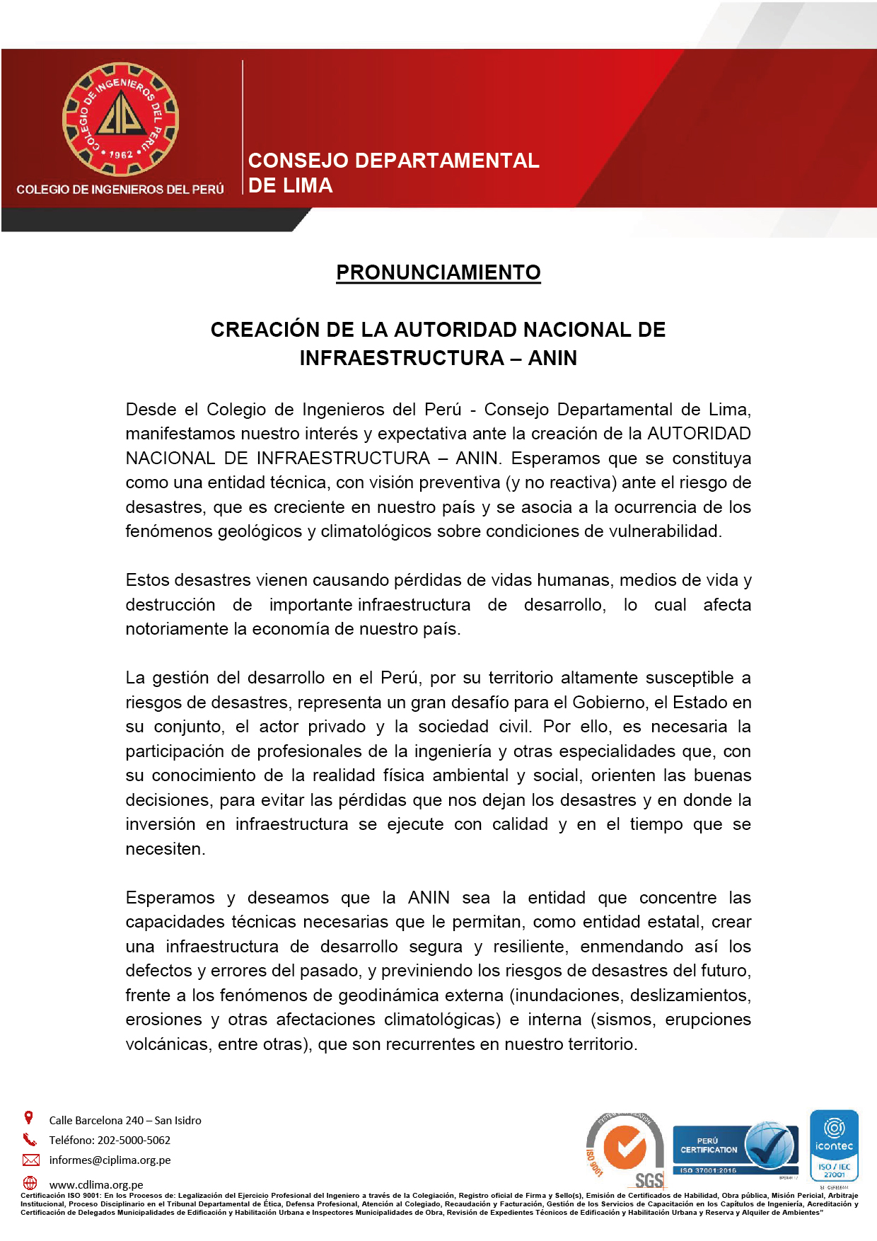 Pronunciamiento Creaci N De La Autoridad Nacional De Infraestructura